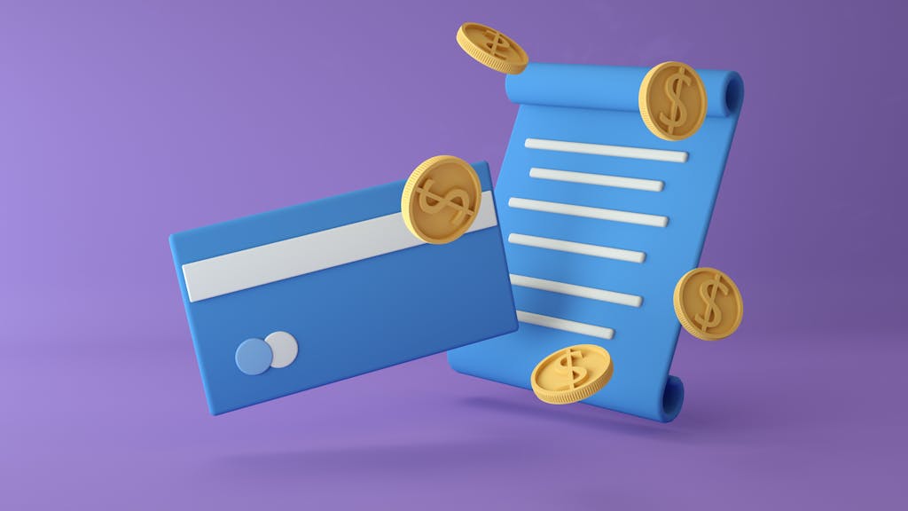 3D rendered illustration of a credit card, coins, and contract on a purple background.